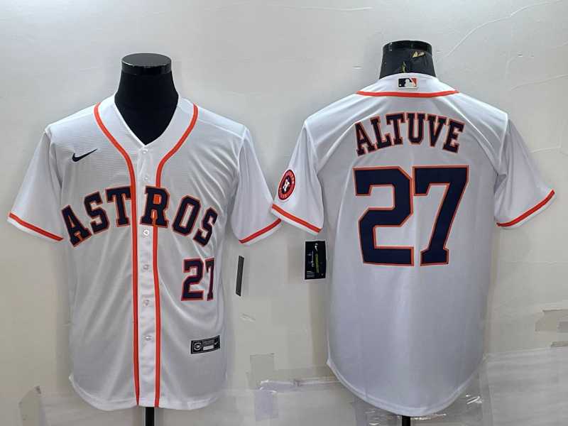 Men%27s Houston Astros #27 Jose Altuve Number White With Patch Stitched MLB Cool Base Nike Jersey
